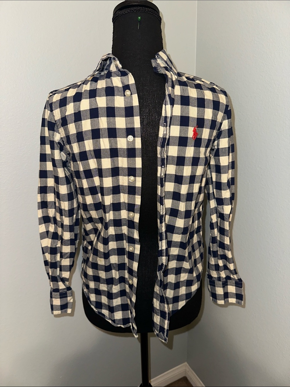 Polo by Ralph Lauren Navy & White Gingham Button-Down Shirt with Red Logo